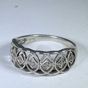 Designer Sterling Silver Ornate Diamond Ring 9.25